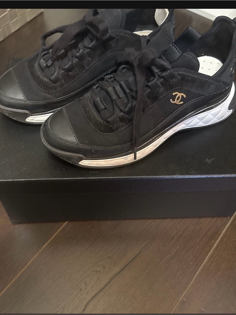 CHANEL Black Leather & Suede Men’s Logo Sneakers